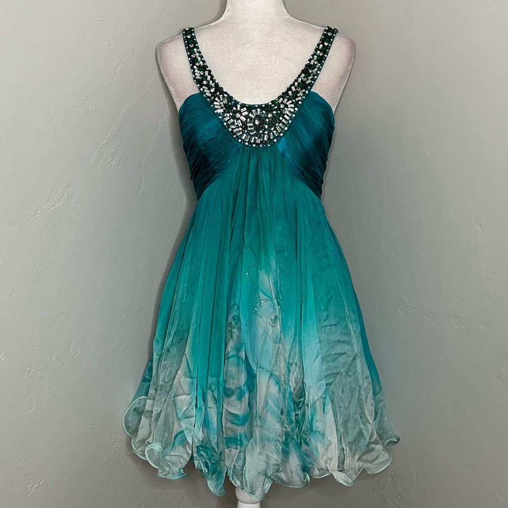 NWOT Sherri Hill Teal Blue White Ombré Silk Floral Cocktail Dress
